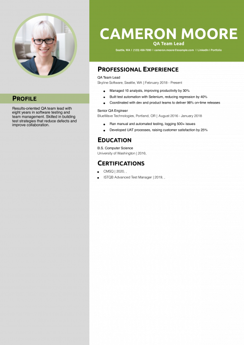 QA Team Lead Resume Example
