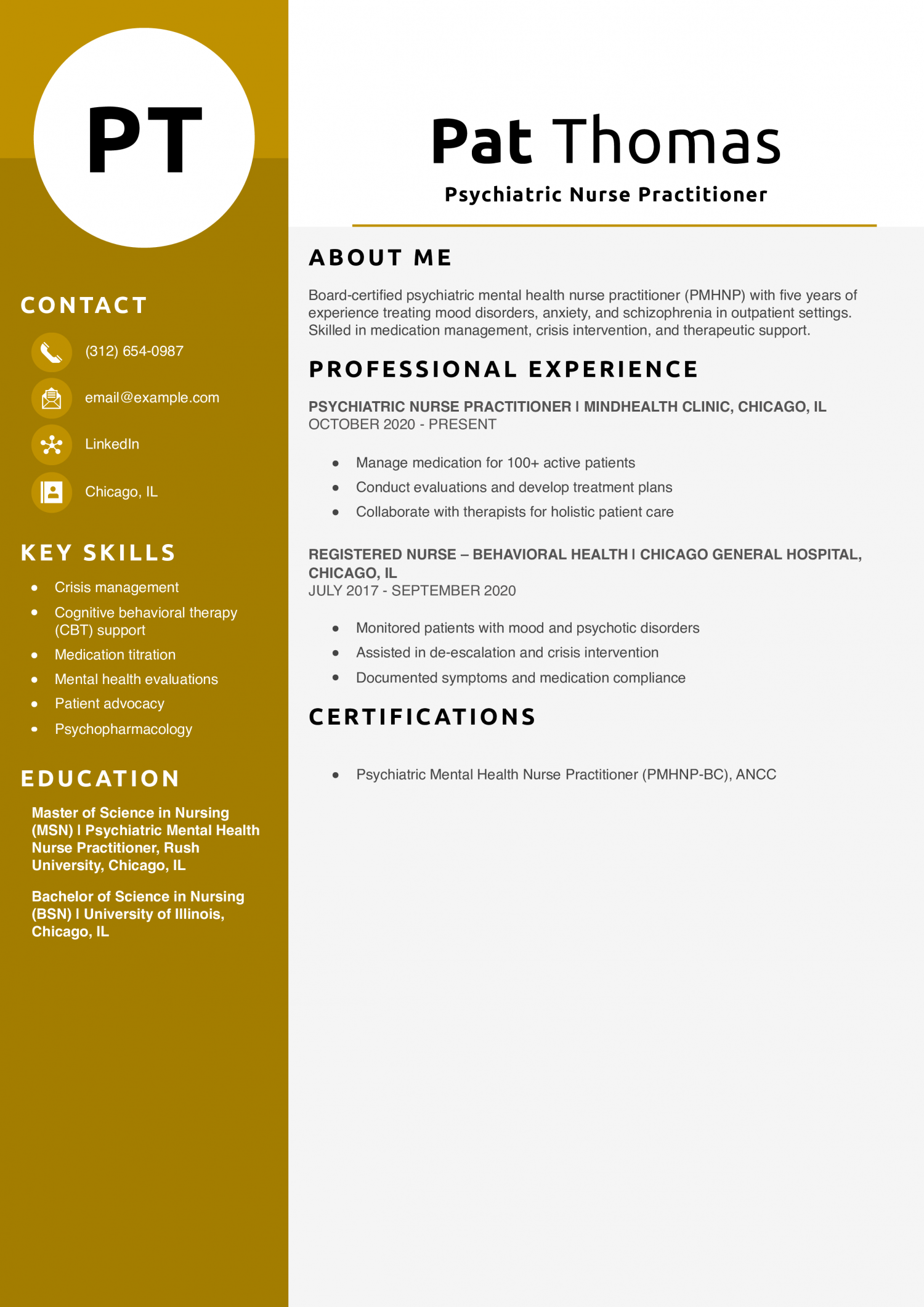 Psychiatric Nurse Practitioner Resume Example