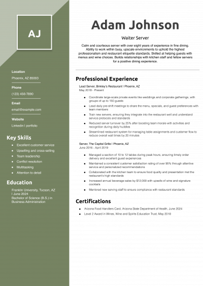 Waiter Server Resume Example