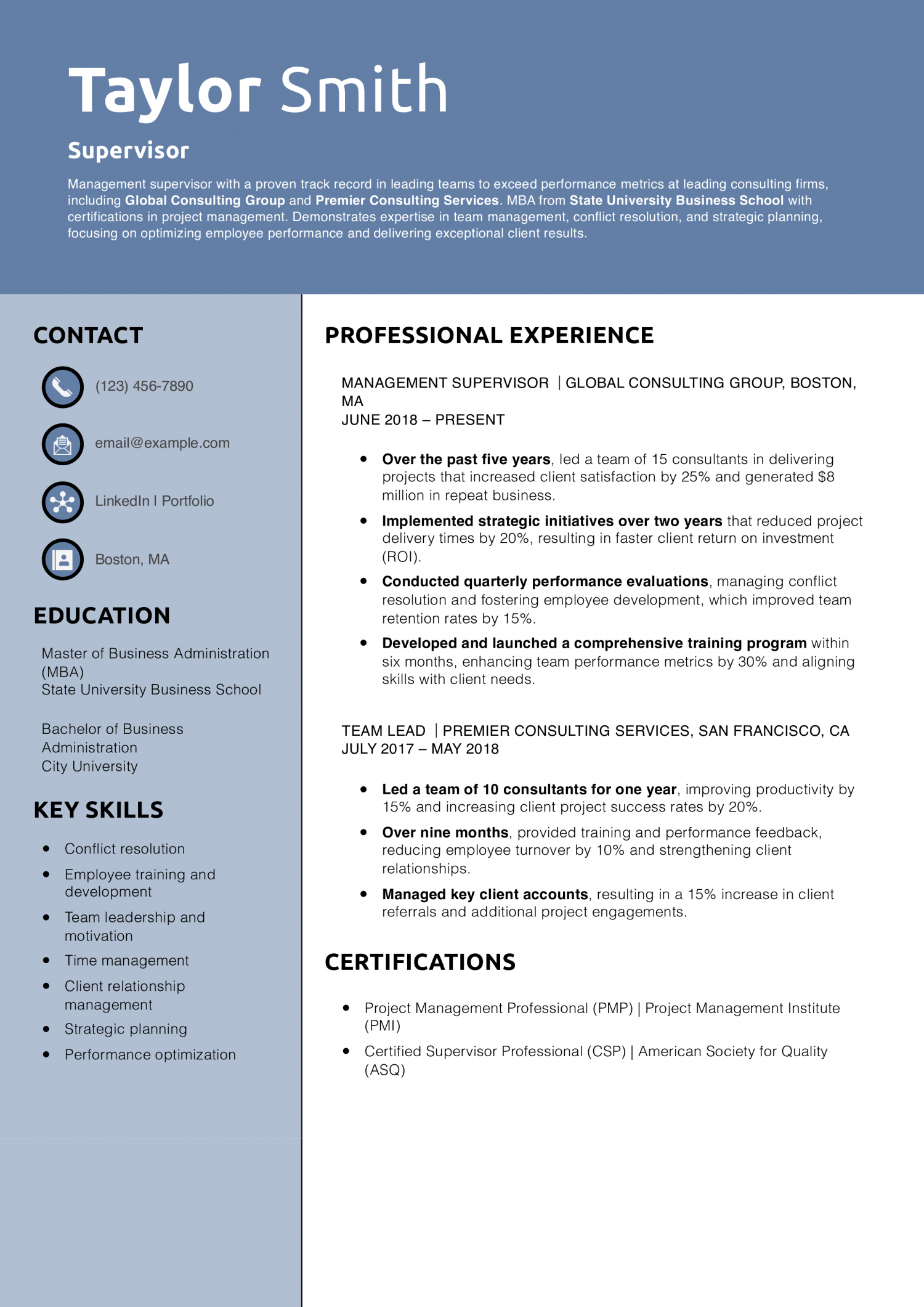 Supervisor Resume Example
