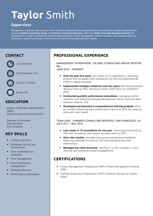 Supervisor Resume Example 