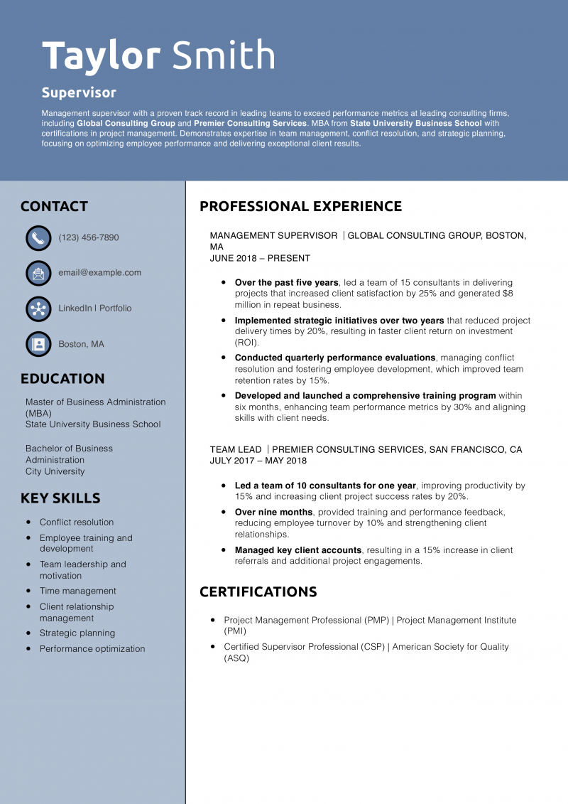 Supervisor Resume Example 