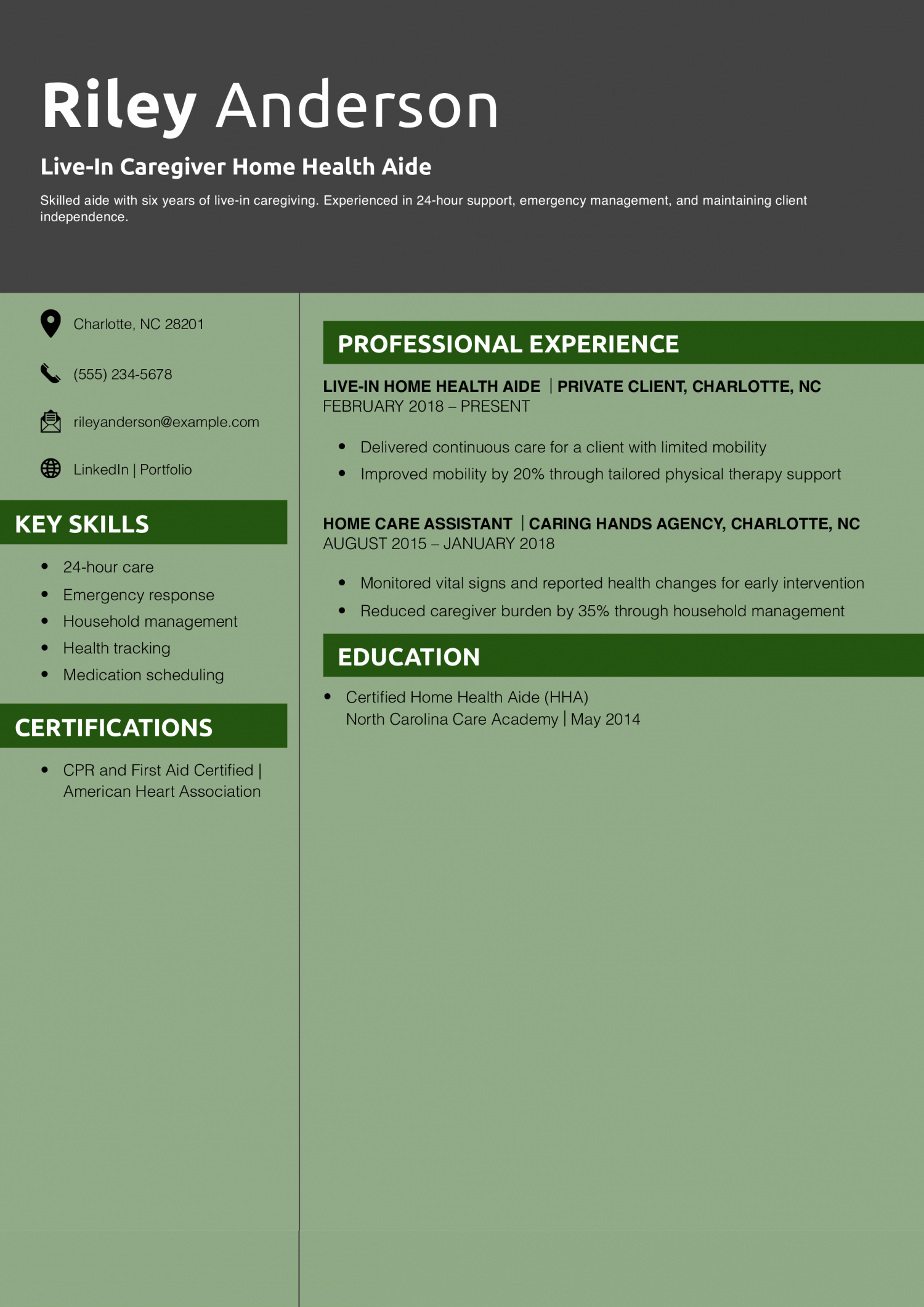 Live-In Caregiver Home Health Aide Resume Example