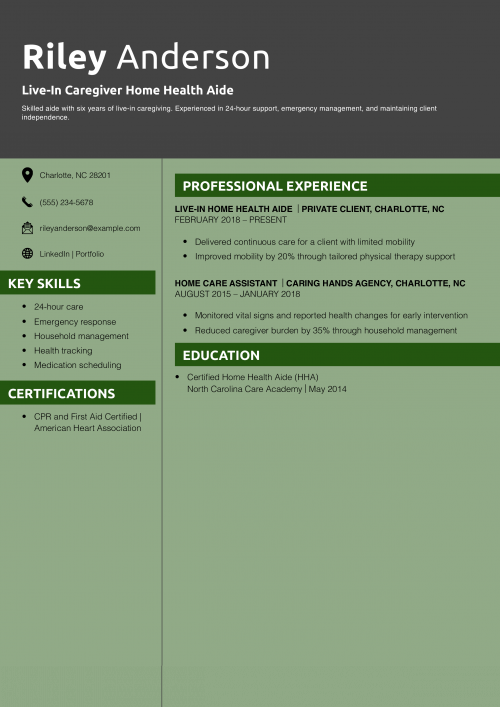 Live-In Caregiver Home Health Aide Resume Example