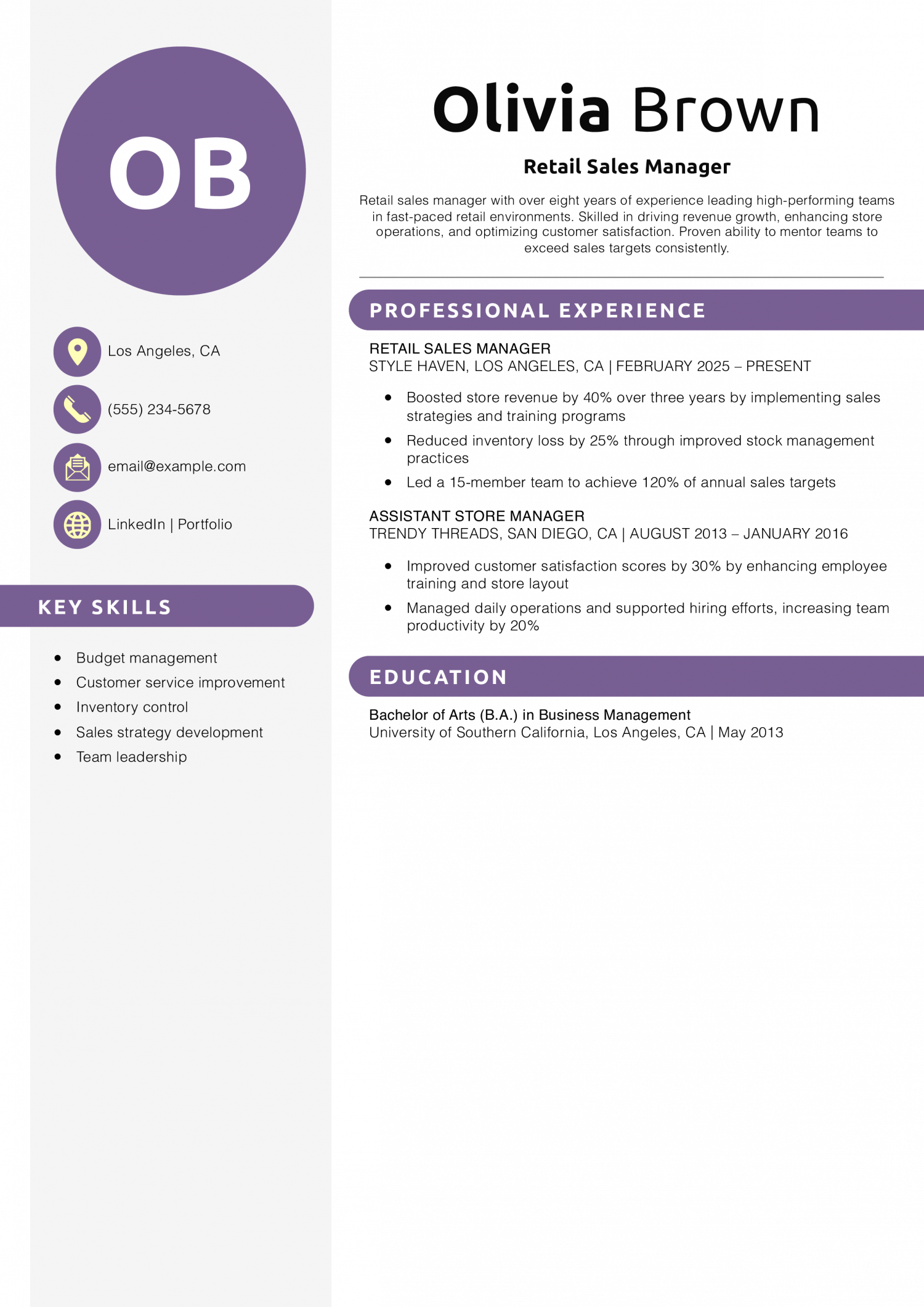 Retail Sales Manager Resume Example