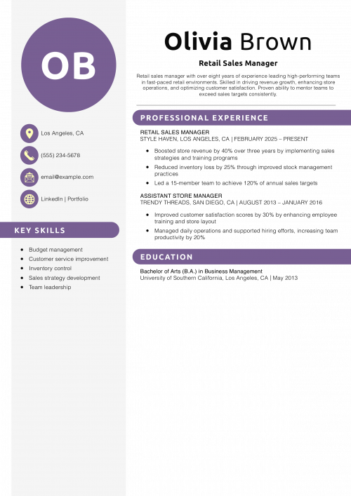 Retail Sales Manager Resume Example