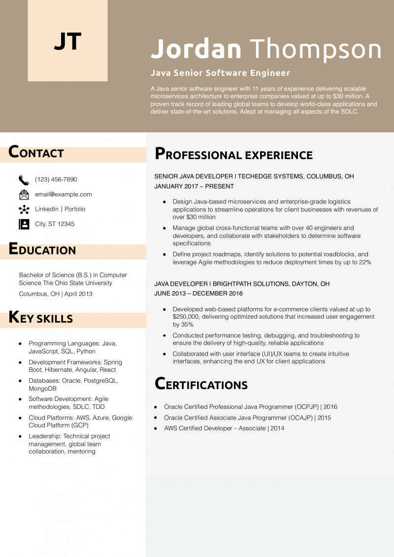 Java Senior Software Engineer Resume Example