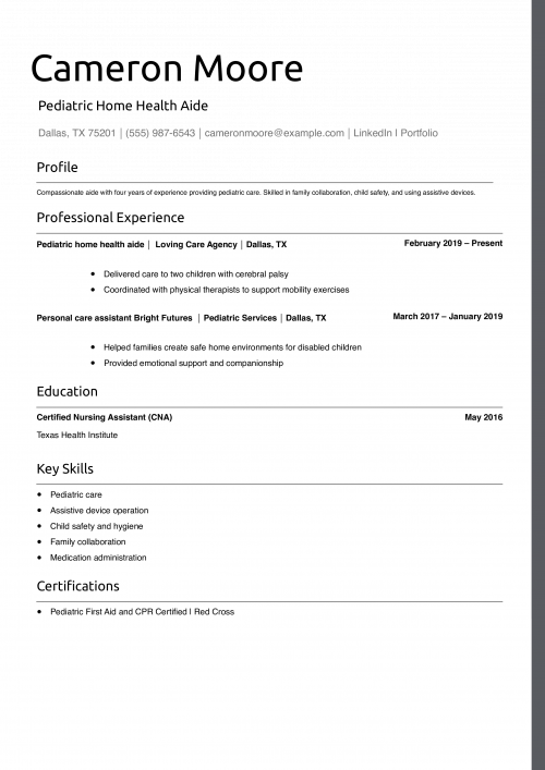 Pediatric Home Health Aide Resume Example