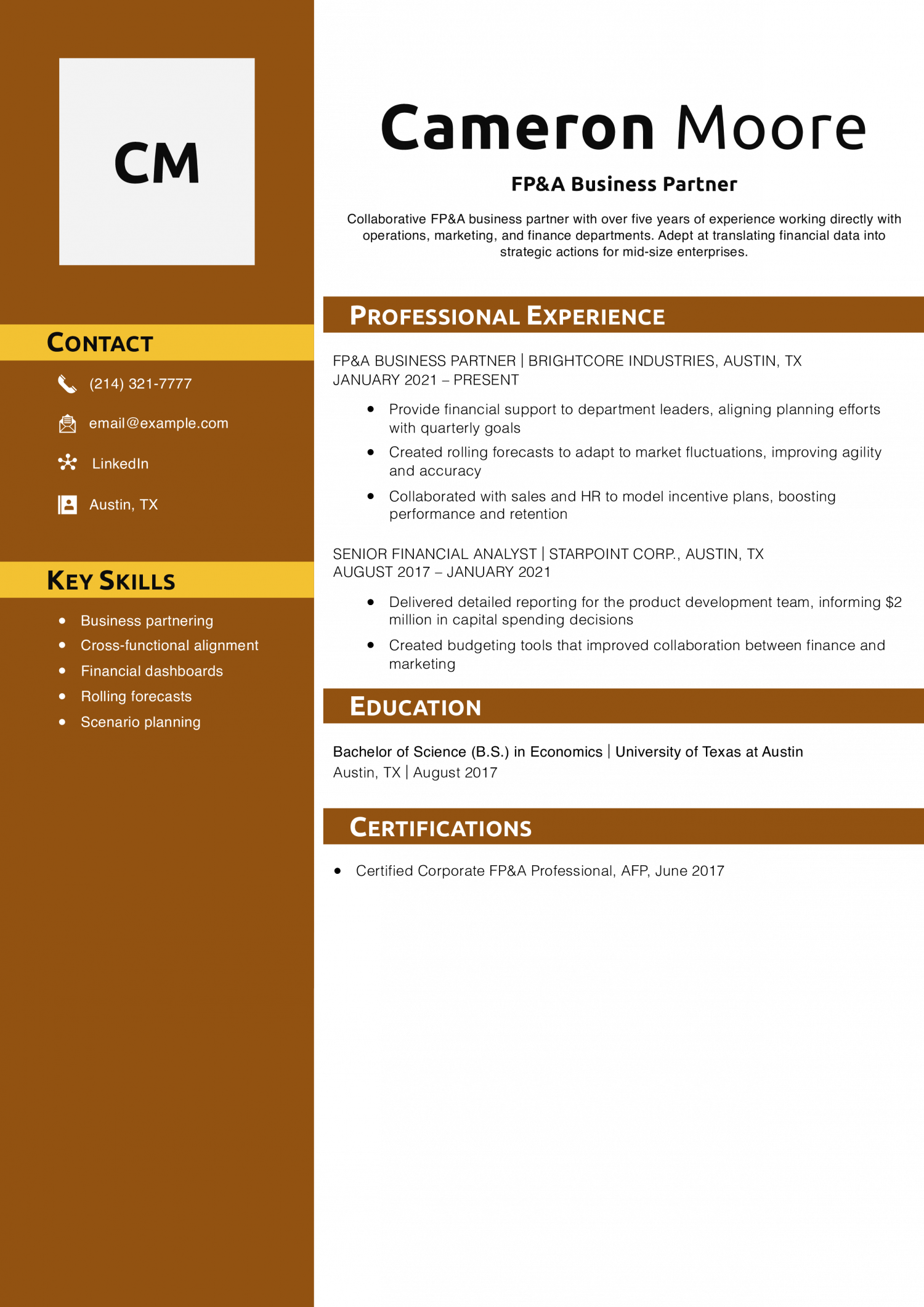 FP&A Business Partner Resume Example