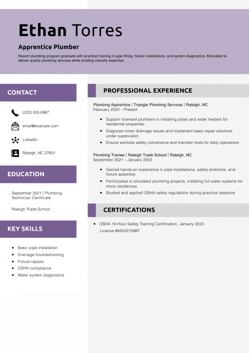 Apprentice Plumber Resume Example