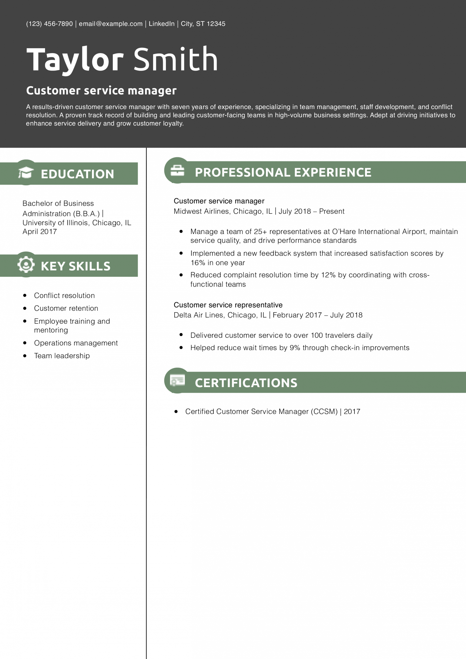 Customer service manager resume example