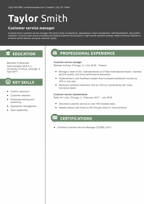 Customer service manager resume example