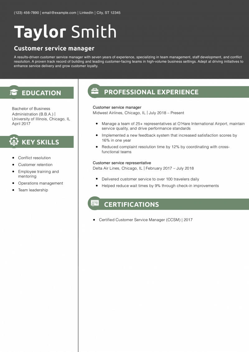 Customer service manager resume example