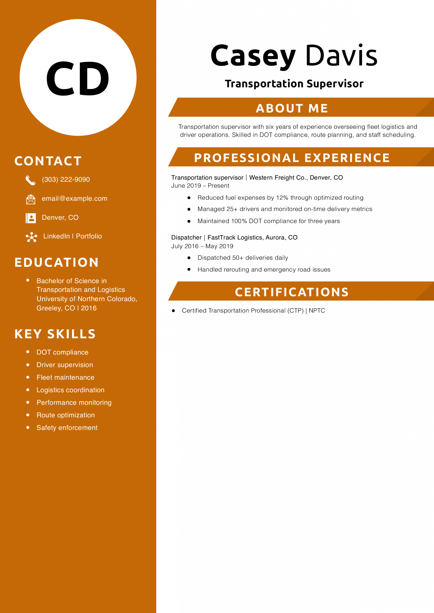 Transportation Supervisor Resume Example