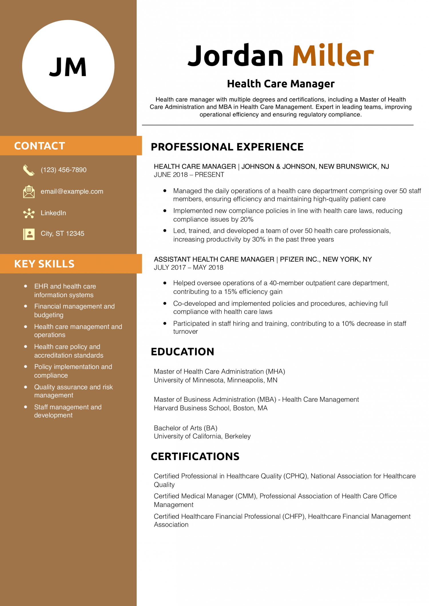 Health Care Manager Resume Example