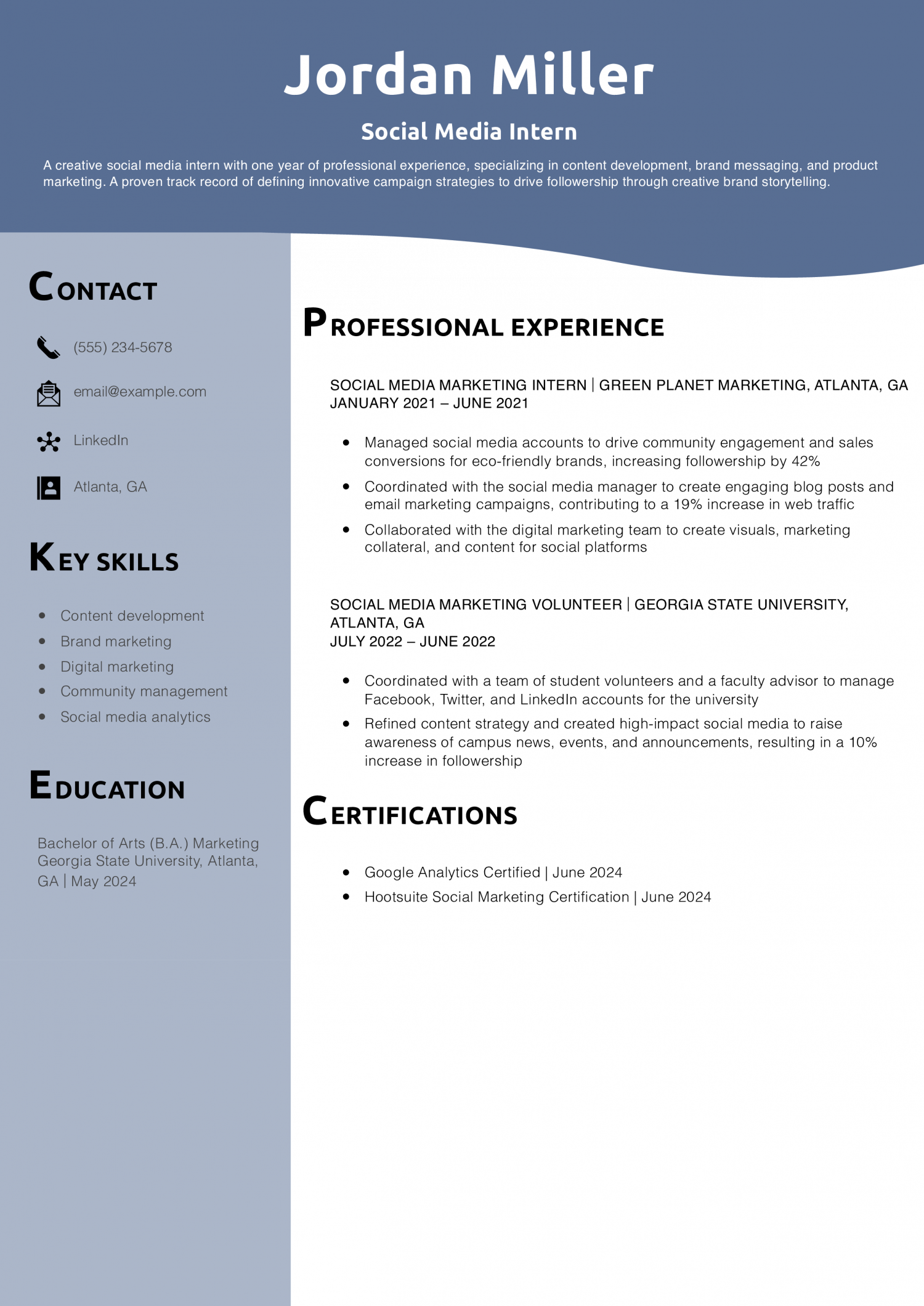 Social Media Intern Resume Example