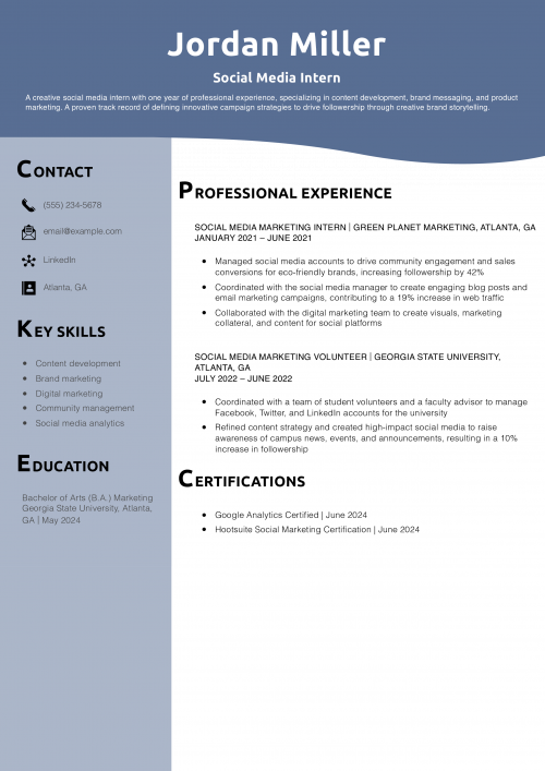 Social Media Intern Resume Example