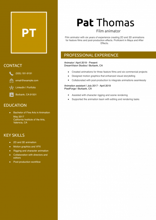 Film animator resume example