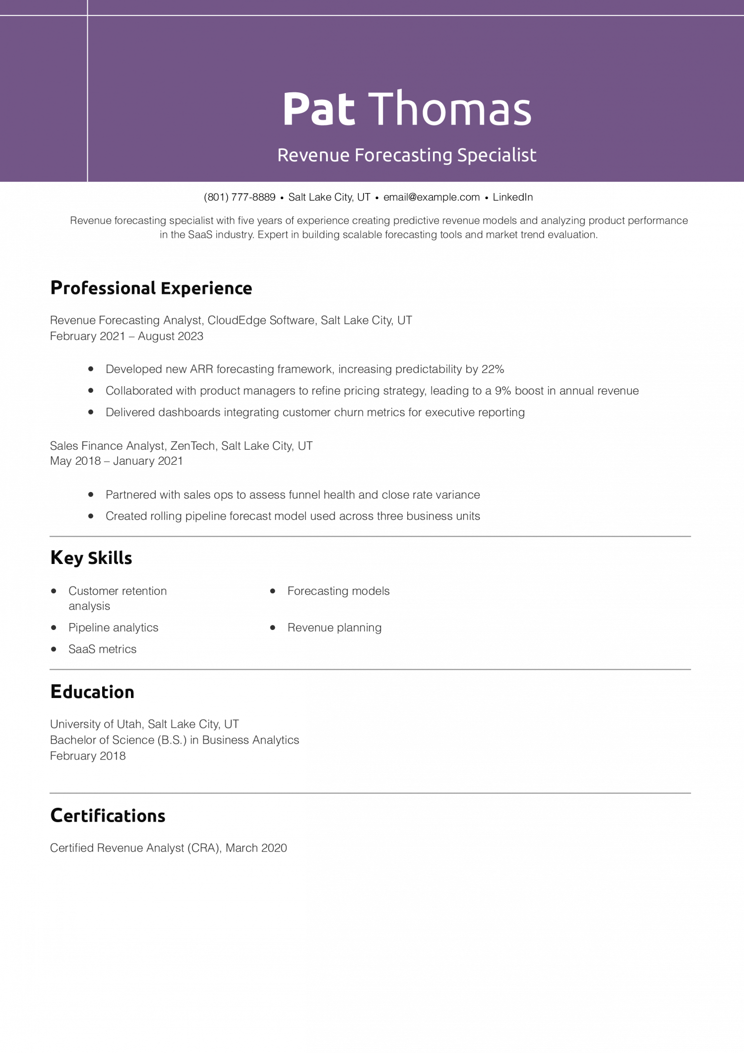 Revenue Forecasting Specialist Resume Example