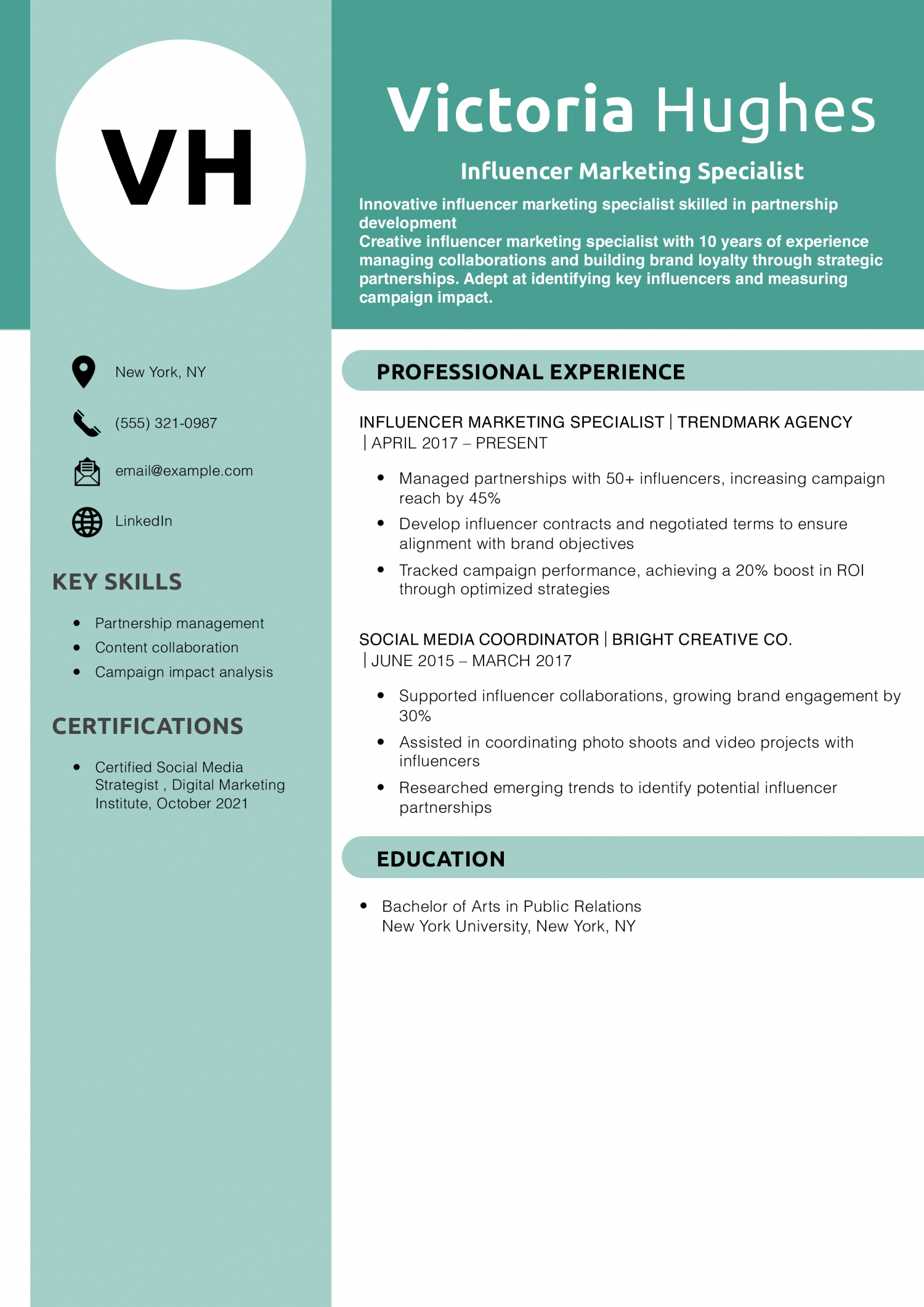 Influencer Marketing Specialist Resume