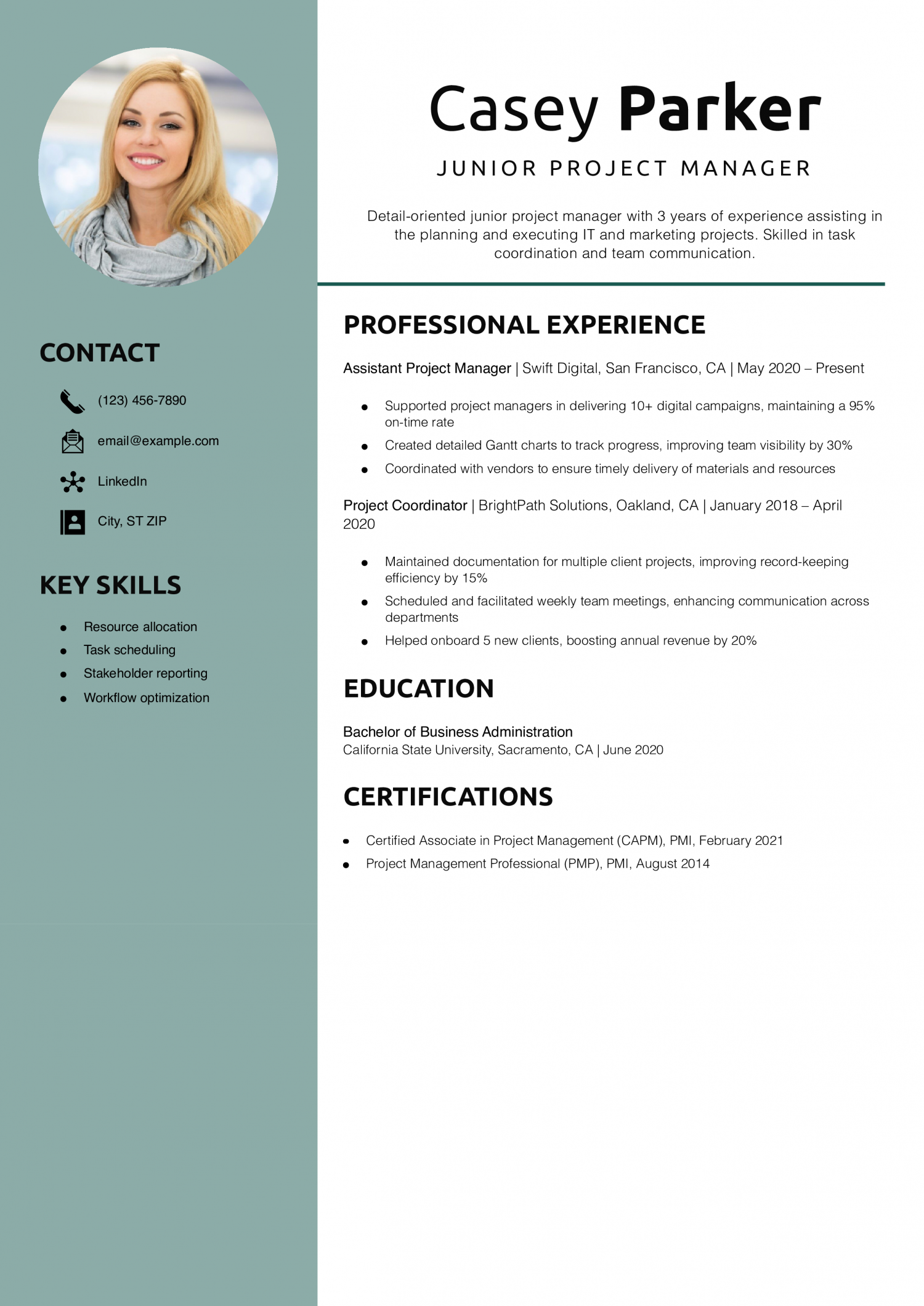 Junior Project Manager Resume Example