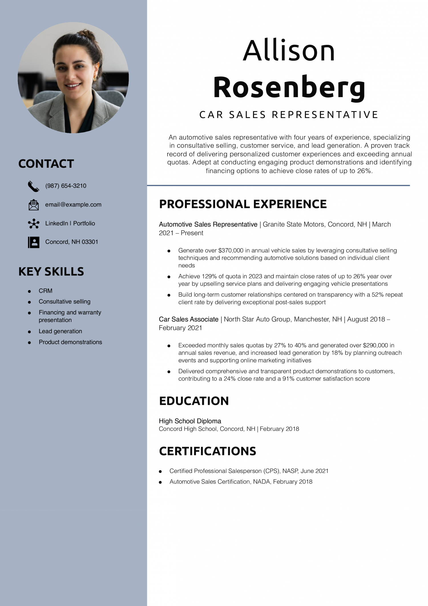 Car Sales Representative Resume Example