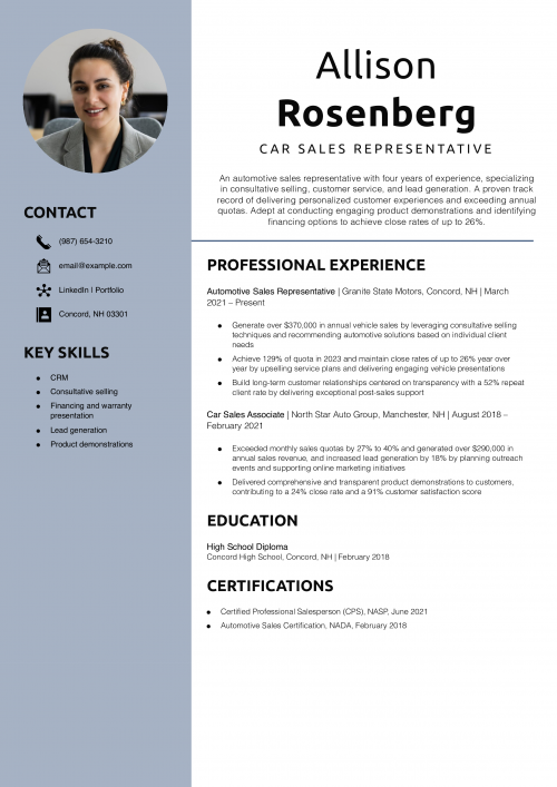 Car Sales Representative Resume Example