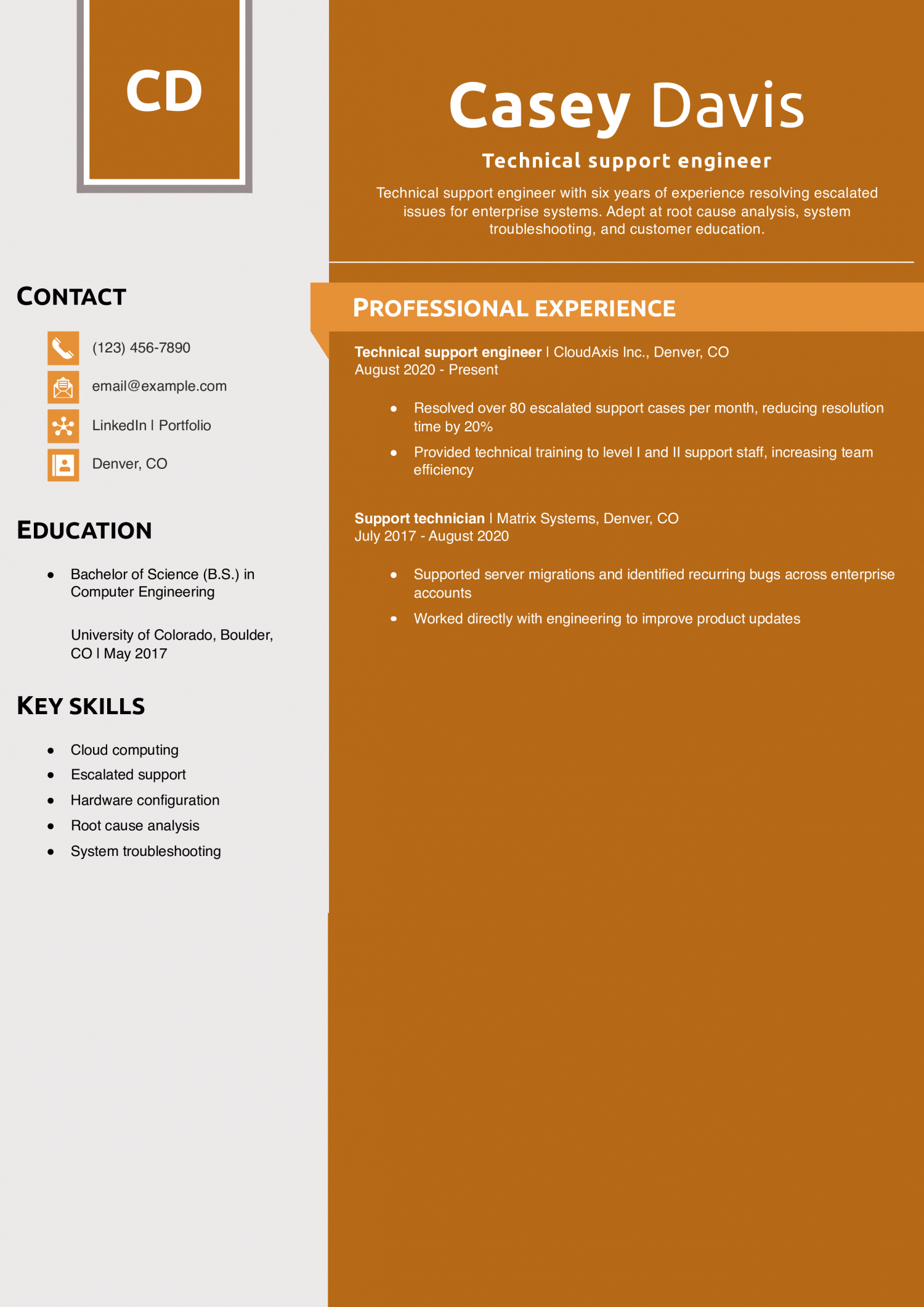 Technical support engineer resume example 
