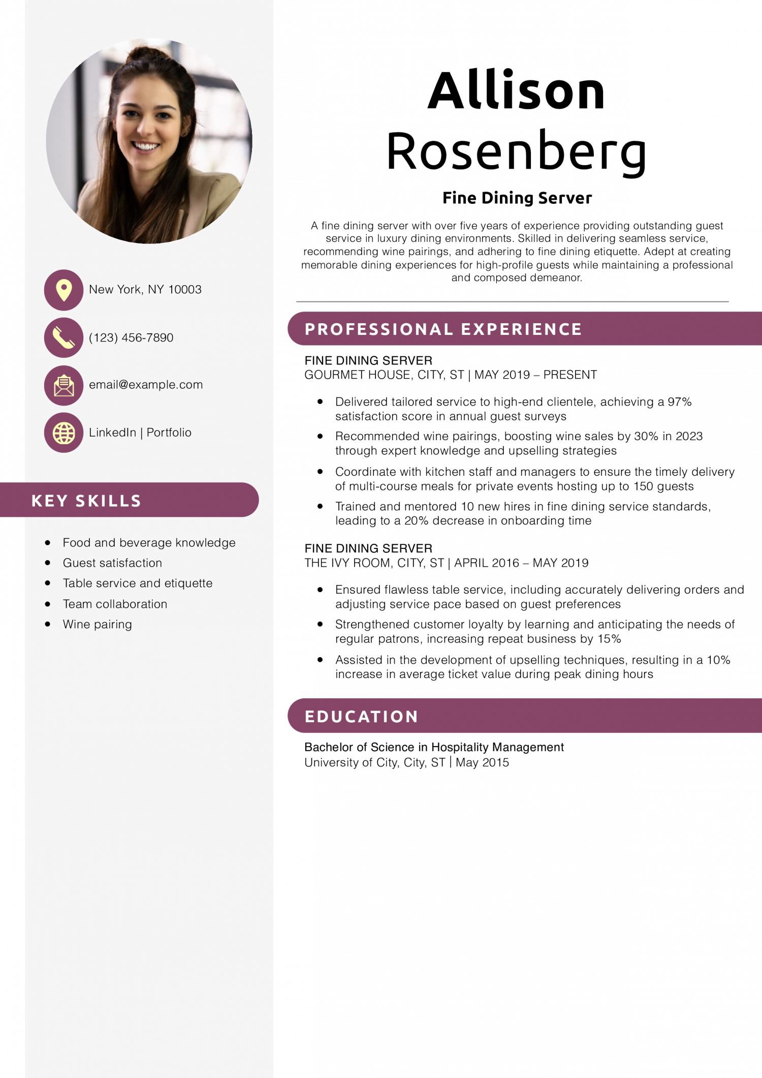 Fine Dining Server Resume Example