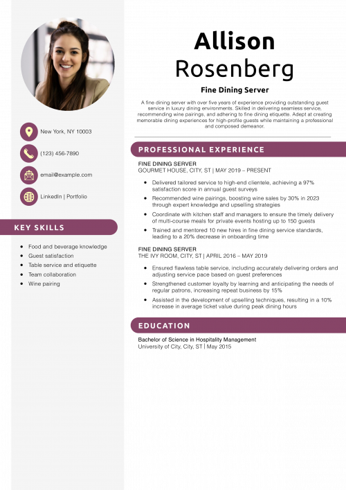 Fine Dining Server Resume Example