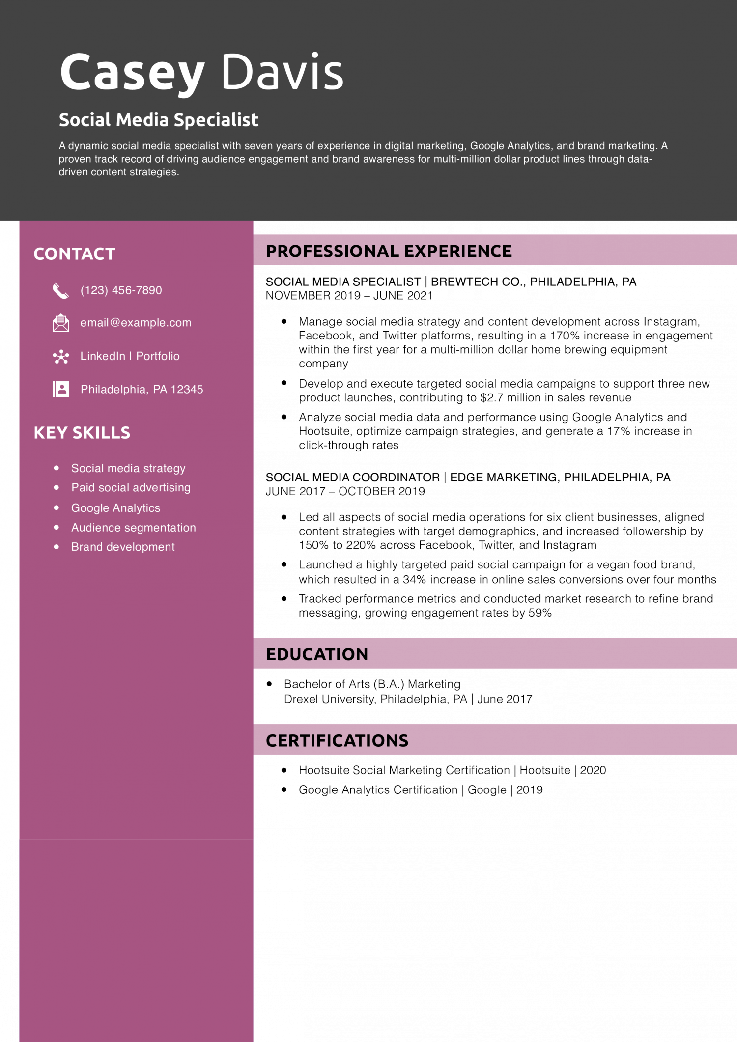 Social Media Specialist Resume Example