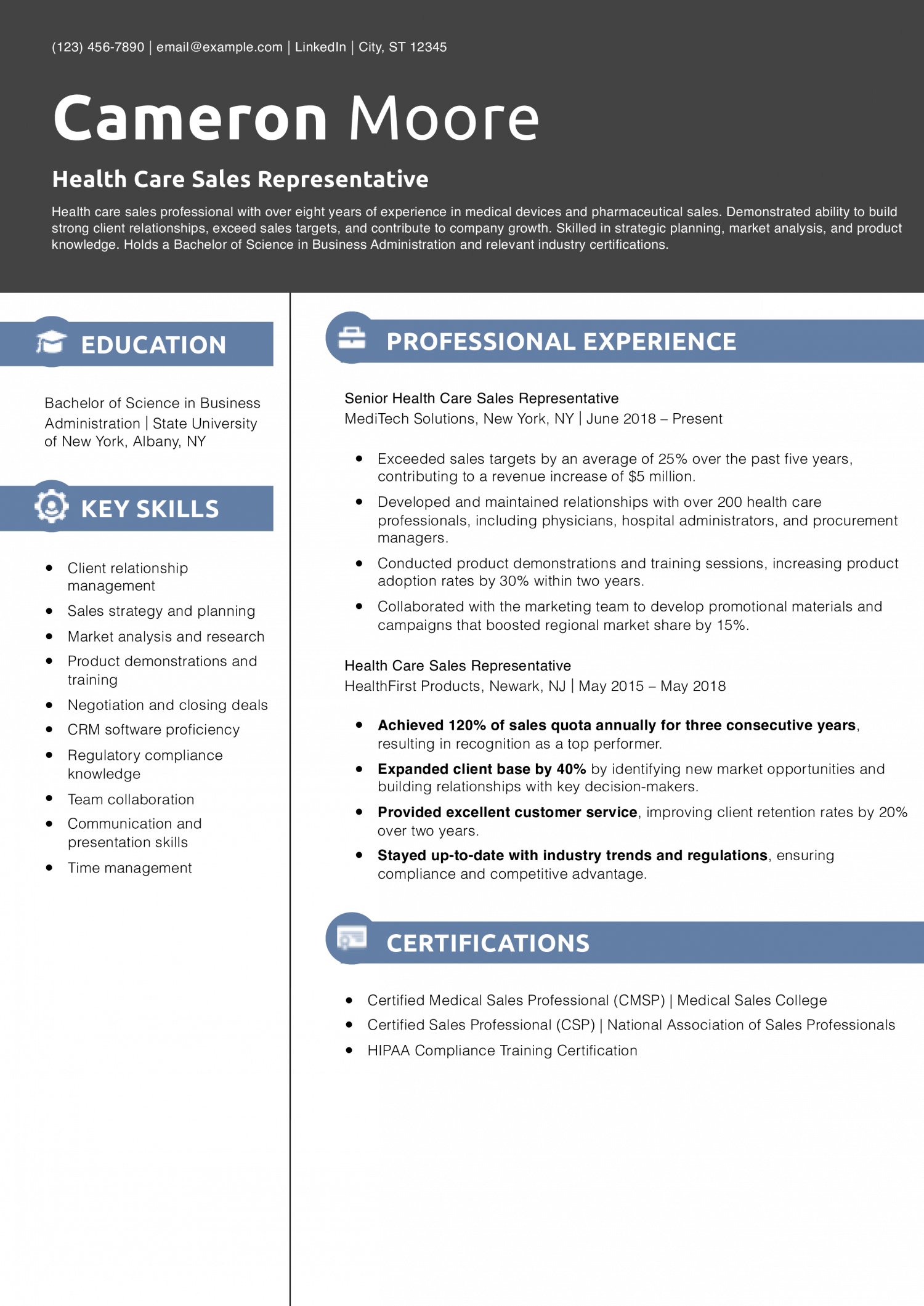 Health Care Sales Representative Resume Example