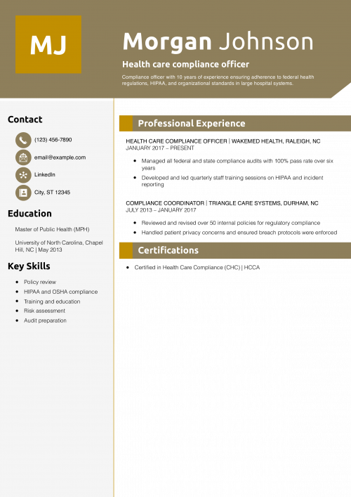 Health care compliance officer resume example