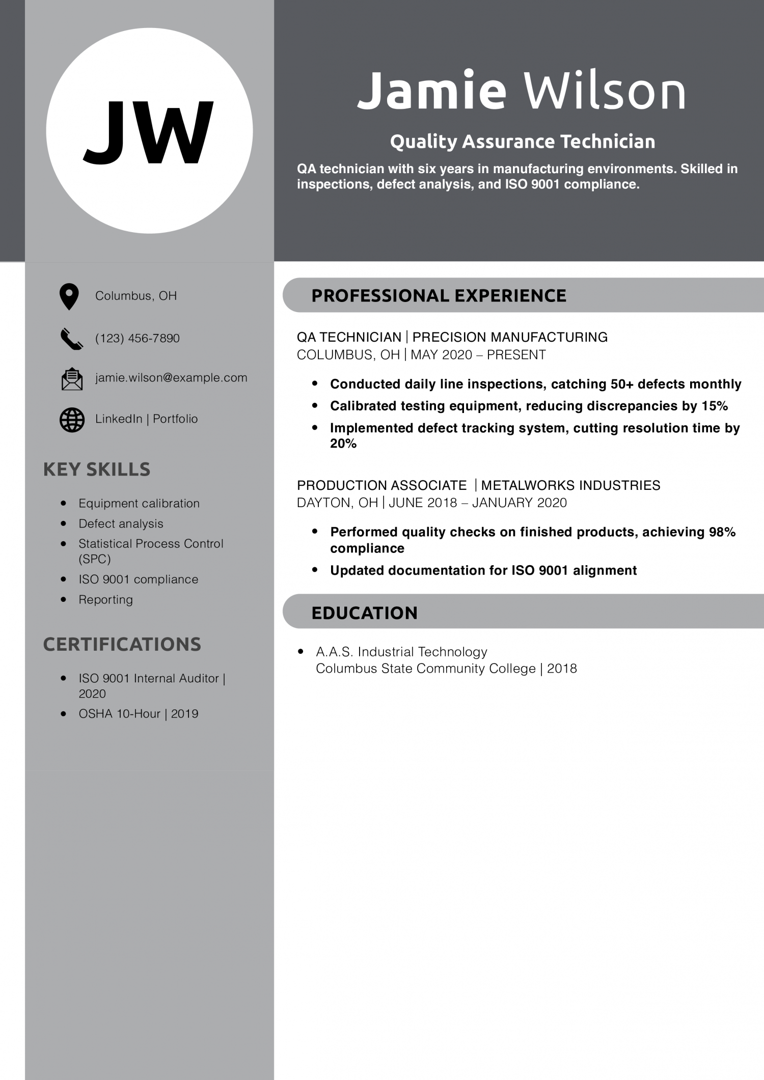 Quality Assurance Technician Resume Example