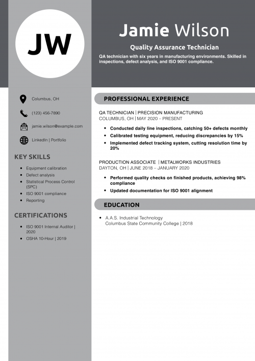 Quality Assurance Technician Resume Example
