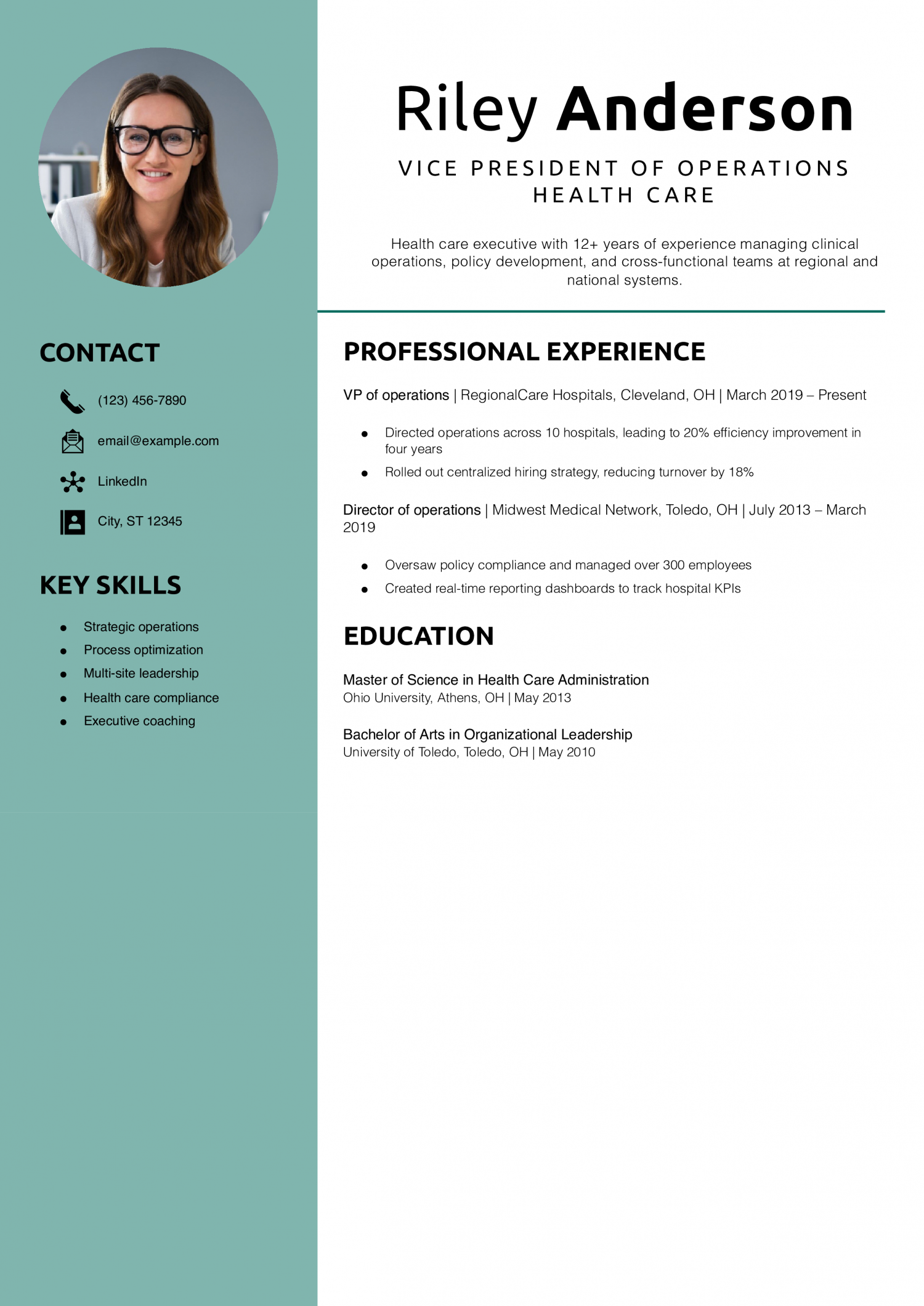 Vice president of operations health care resume example