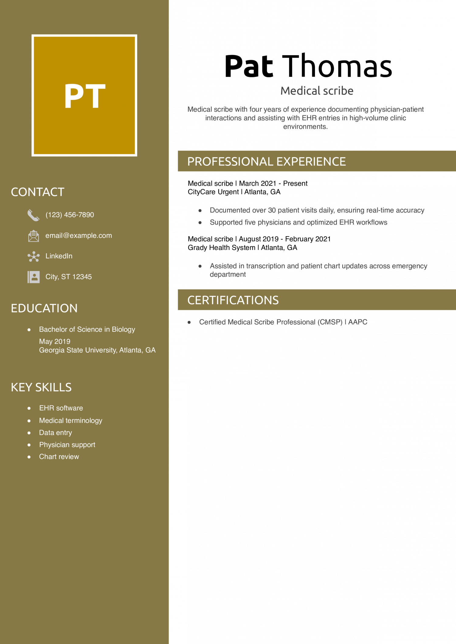 Medical scribe resume example