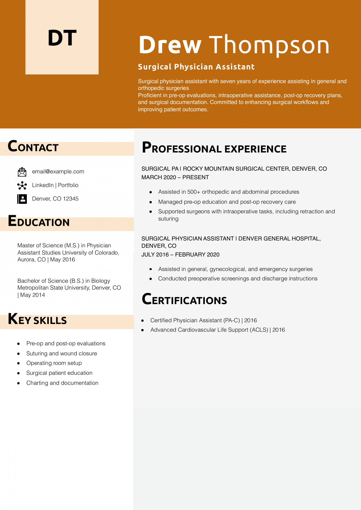 Surgical Physician Assistant Resume Example