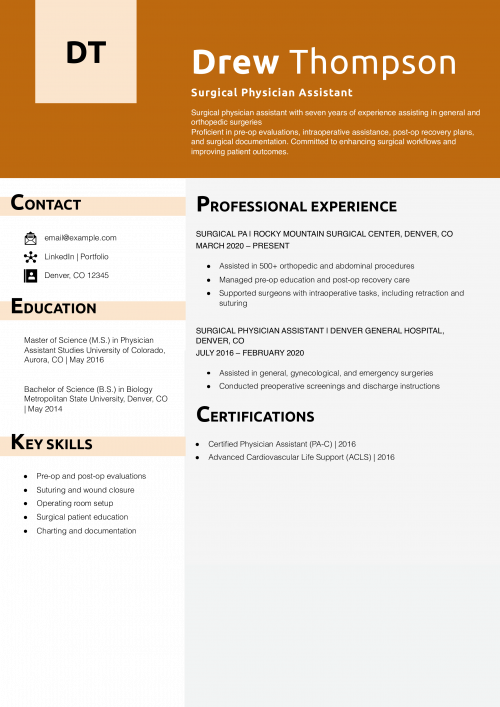 Surgical Physician Assistant Resume Example