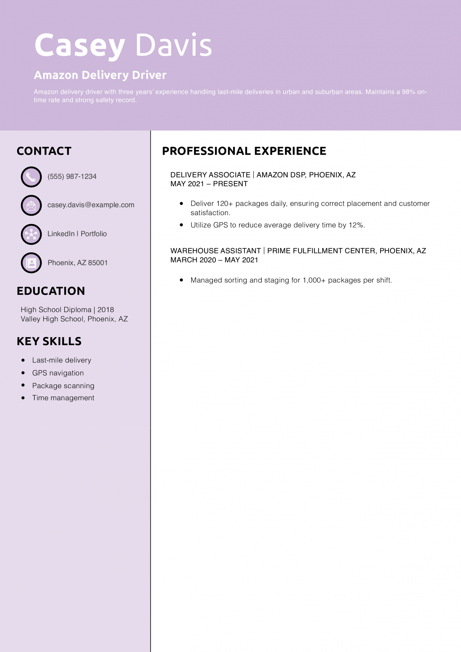 Amazon Delivery Driver Resume Example