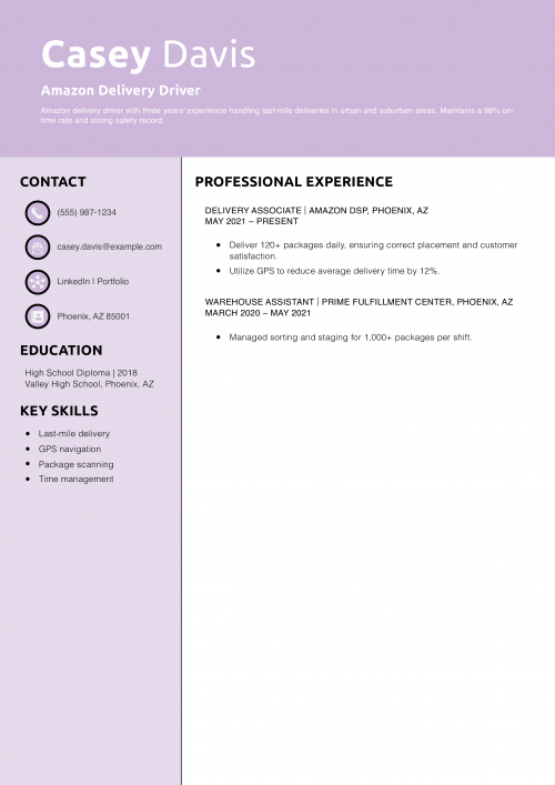 Amazon Delivery Driver Resume Example
