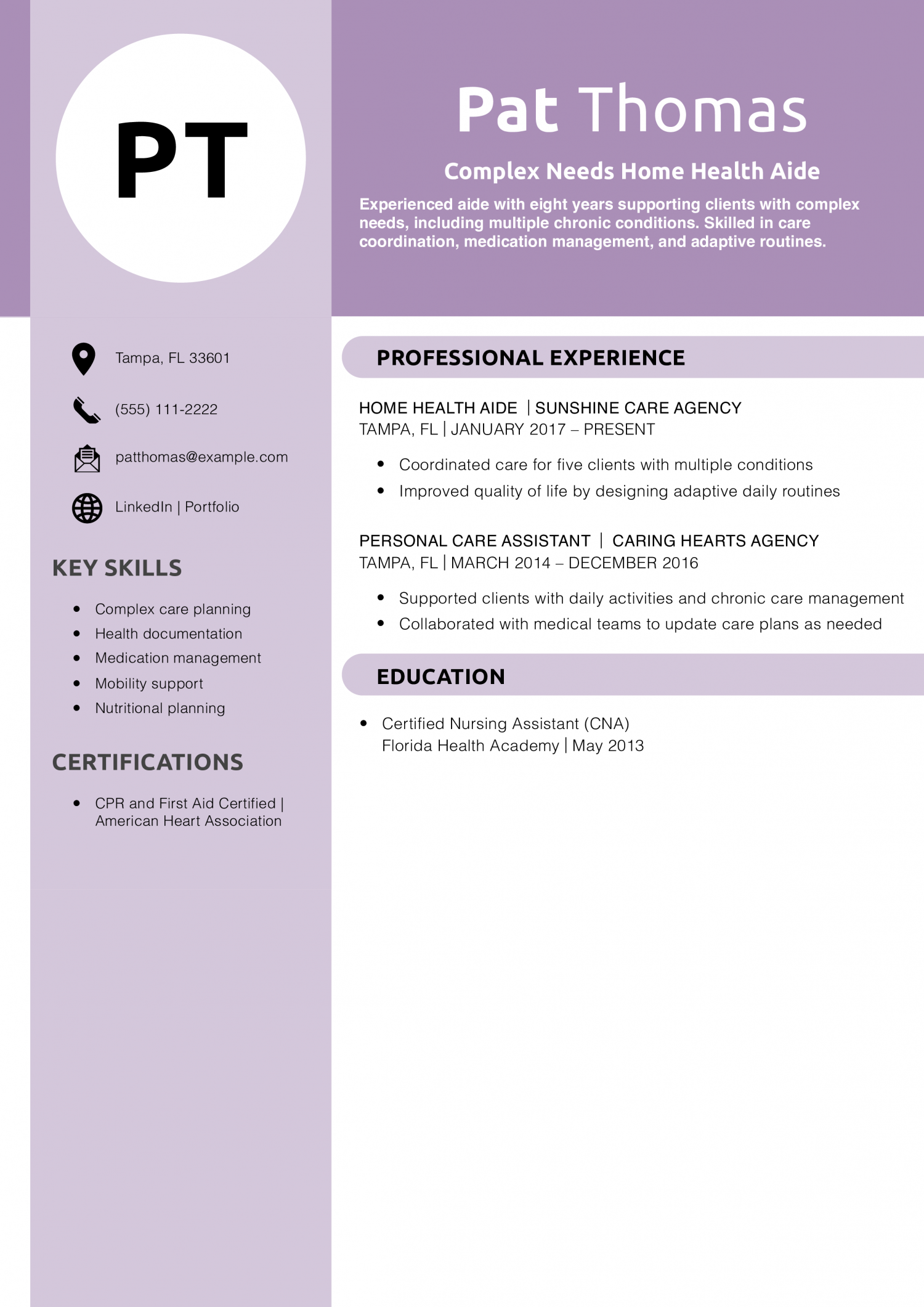 Complex Needs Home Health Aide Resume Example