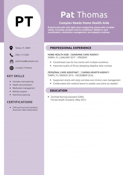 Complex Needs Home Health Aide Resume Example