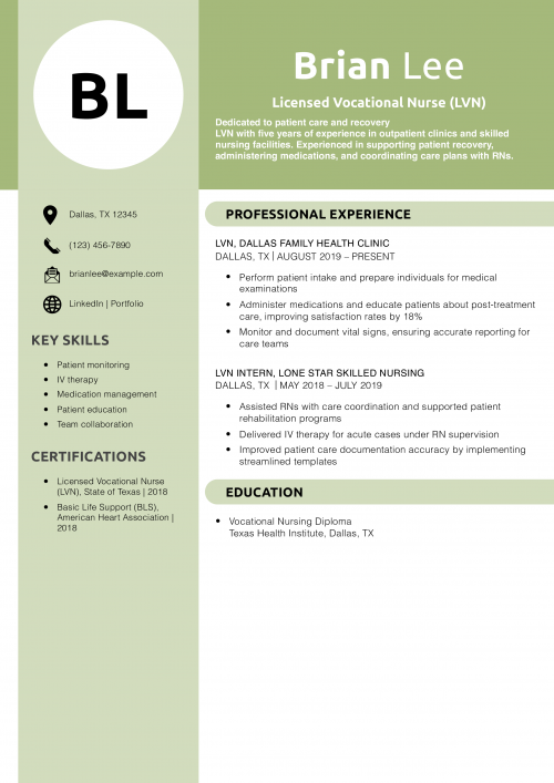 Licensed Vocational Nurse (LVN) Resume Example