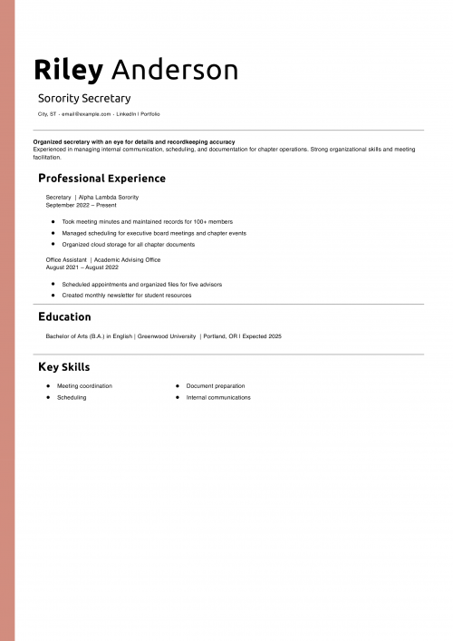 Sorority Secretary Resume Example 