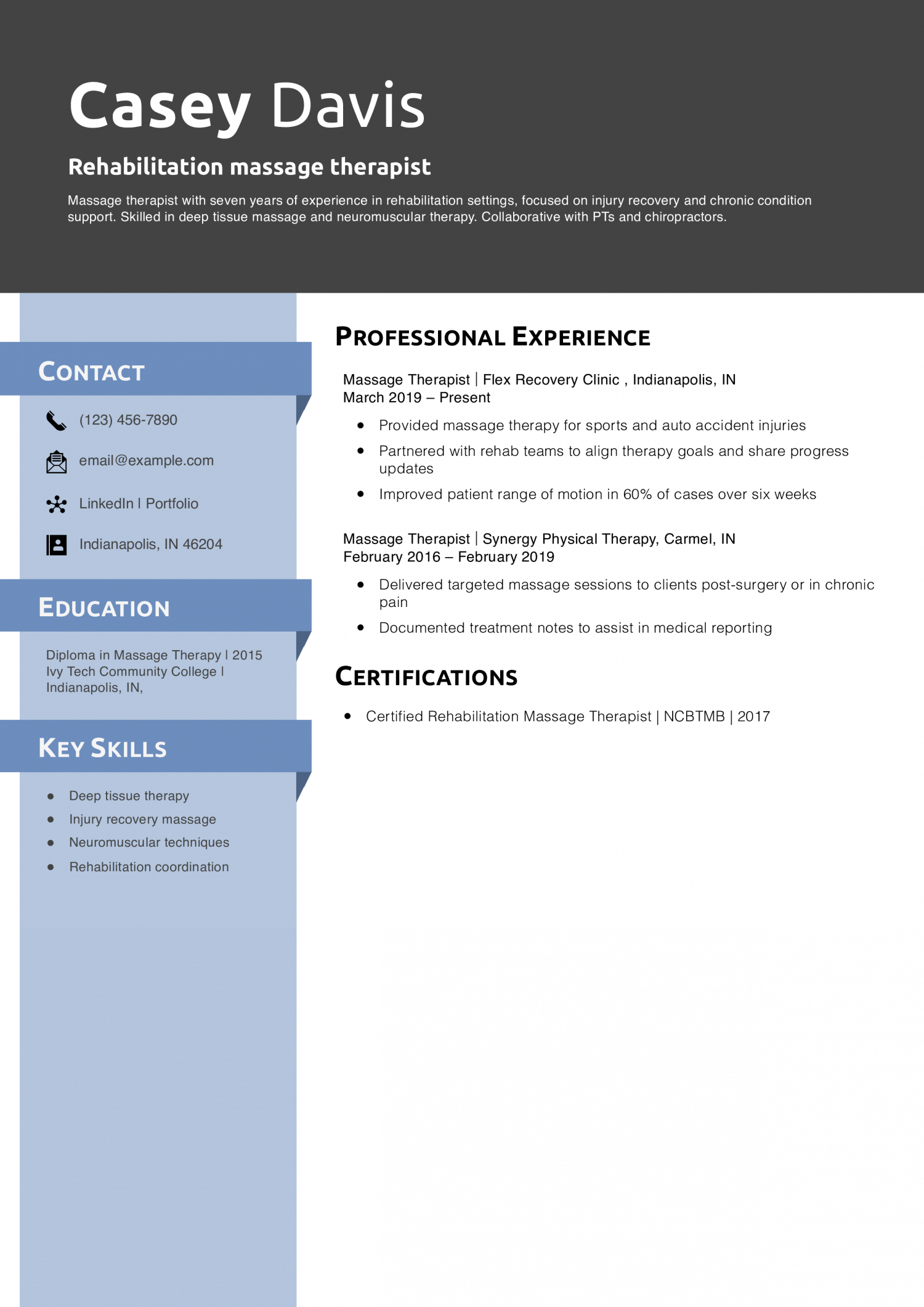 Rehabilitation massage therapist resume