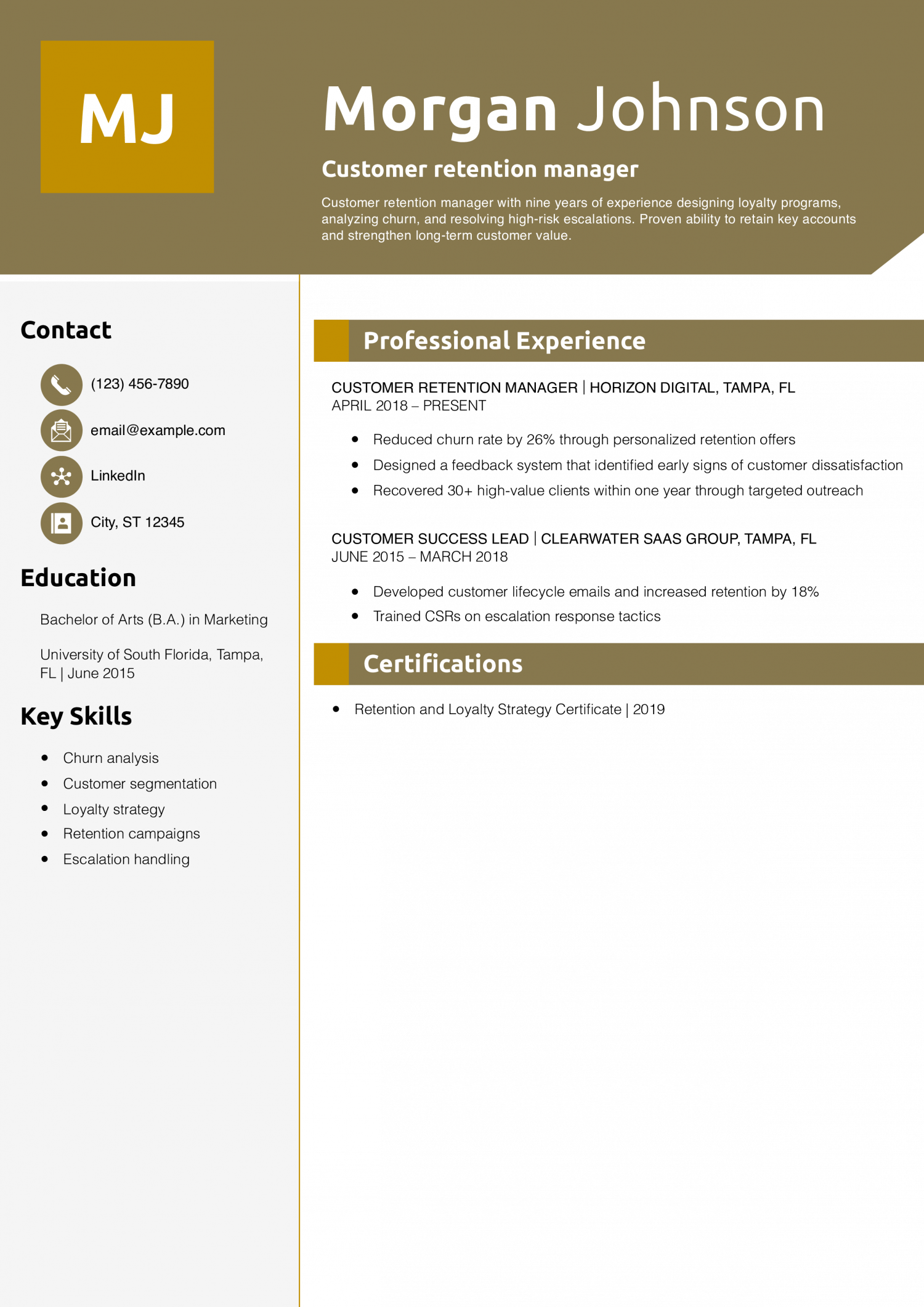 Customer retention manager resume example