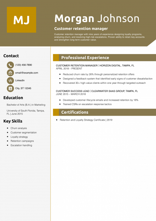Customer retention manager resume example