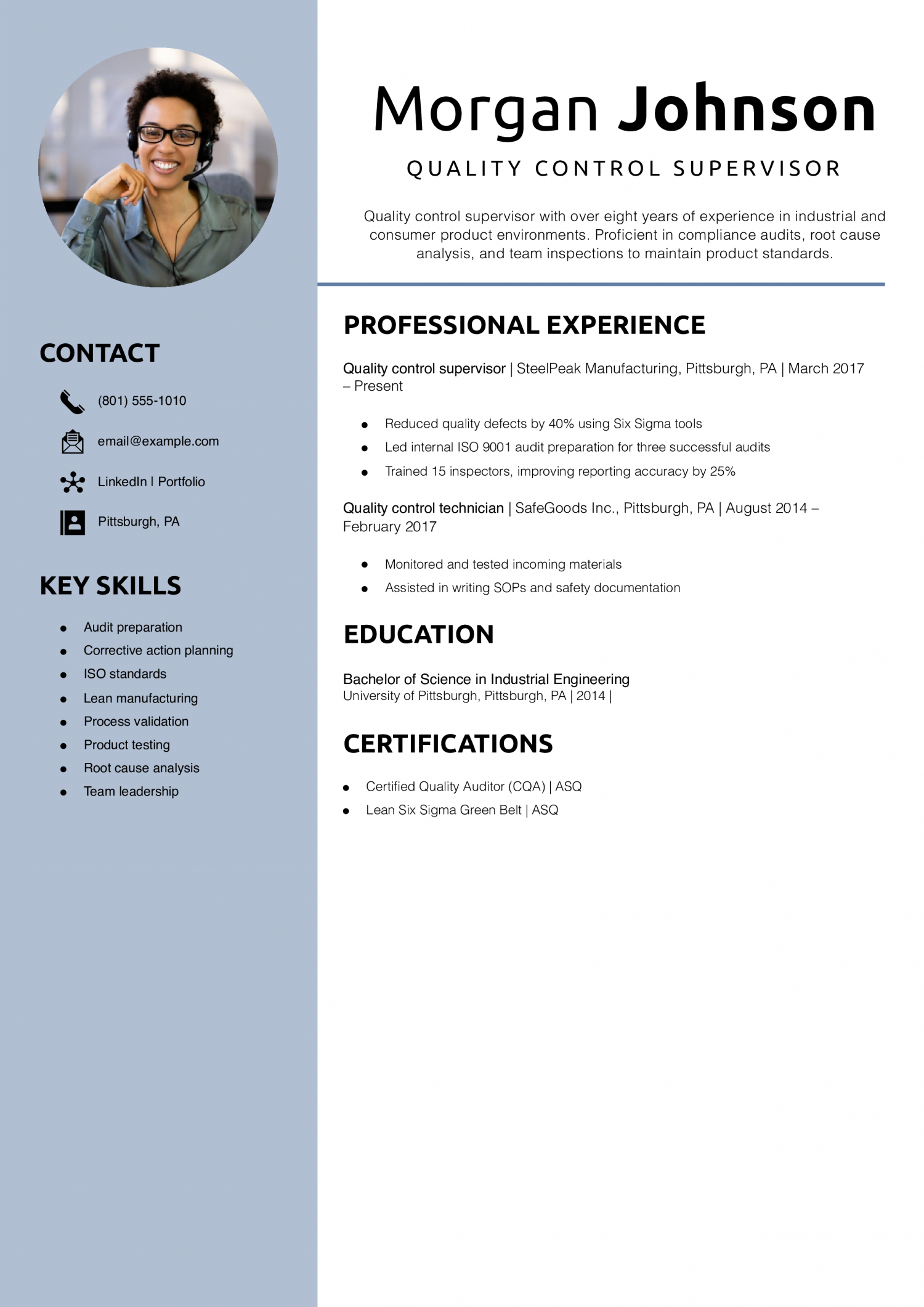Quality Control Supervisor Resume Example