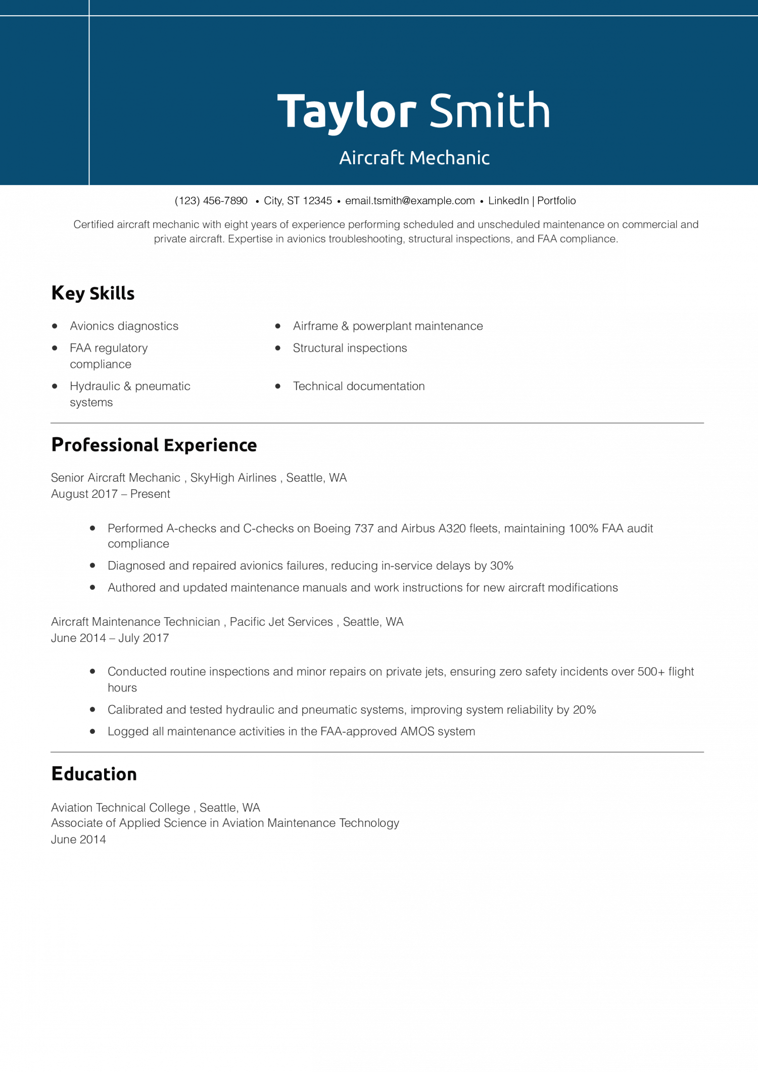 Aircraft Mechanic Resume Example